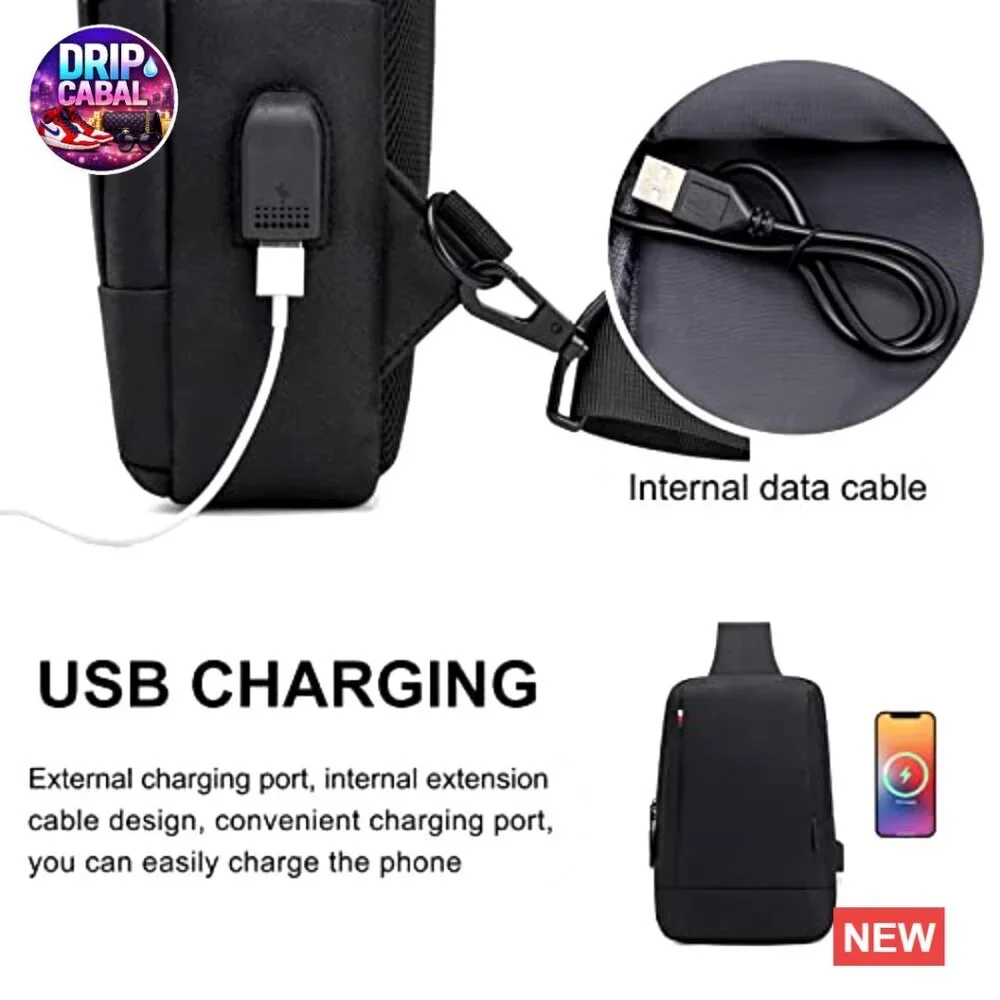 Oxford Cloth Sling Bag with USB Charging Port, Adjustable Strap, Waterproof